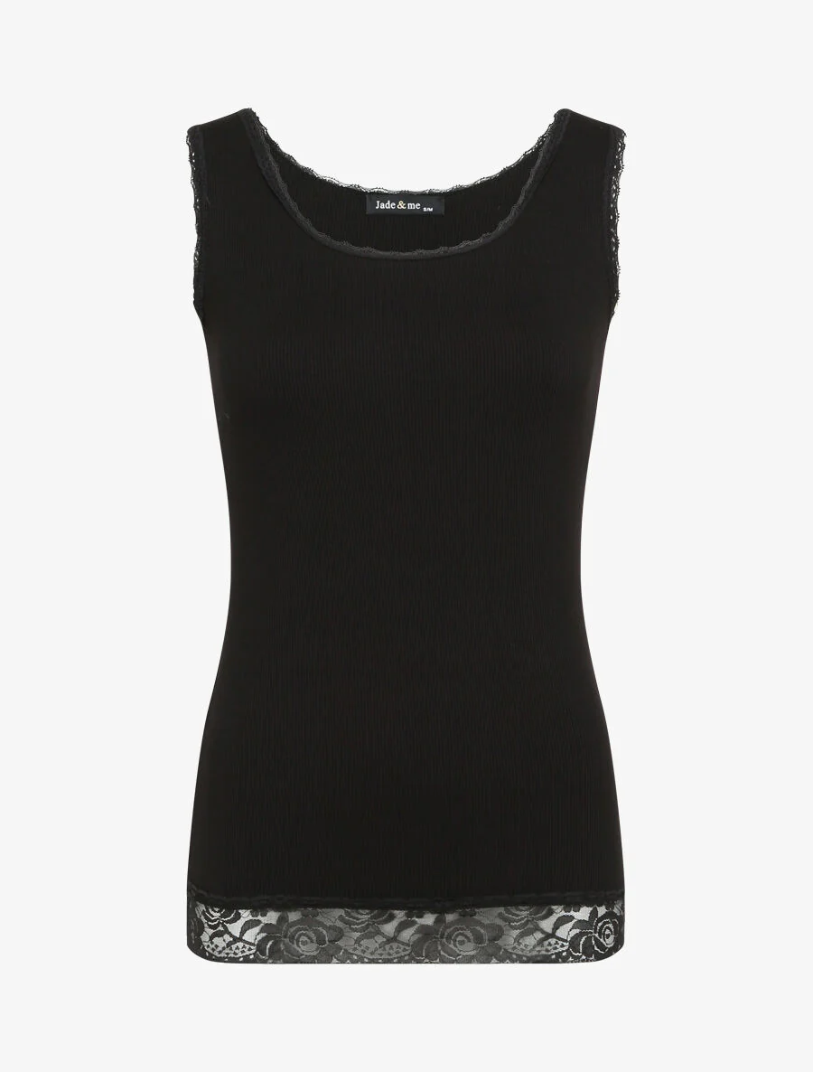 Recht geribbelde tanktop met kanten randen - Zwart