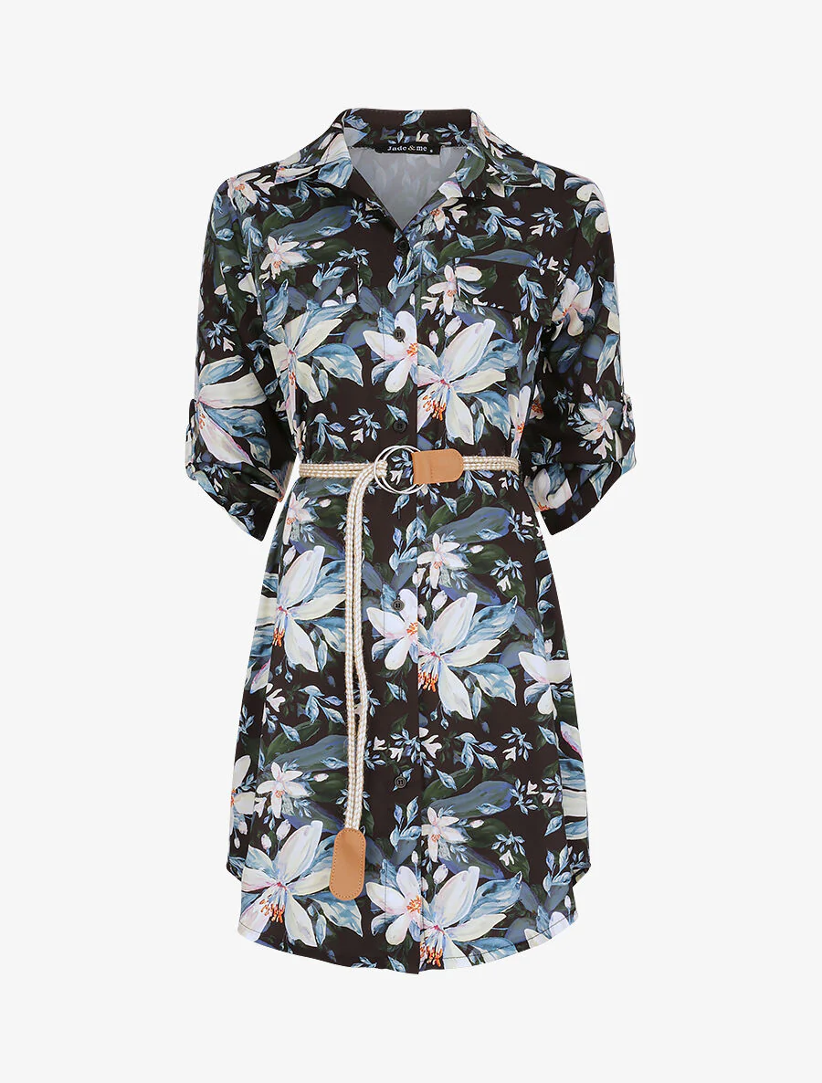 Recht geruite bloemen lis shirt jurk - Zwart