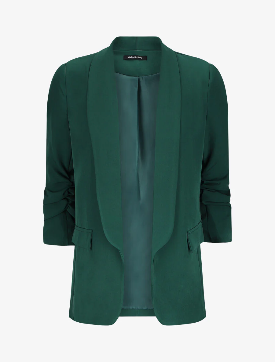 Recht gesneden blazer met 3/4 mouwen met plooien - Dennengroen