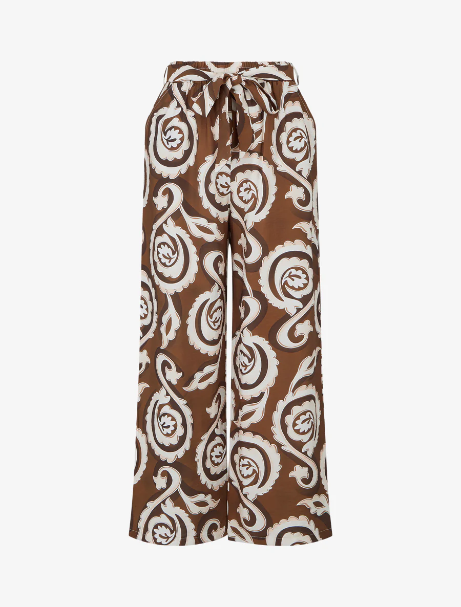 Recht gesneden broek met elastische taille en arabesk print. - Bruin