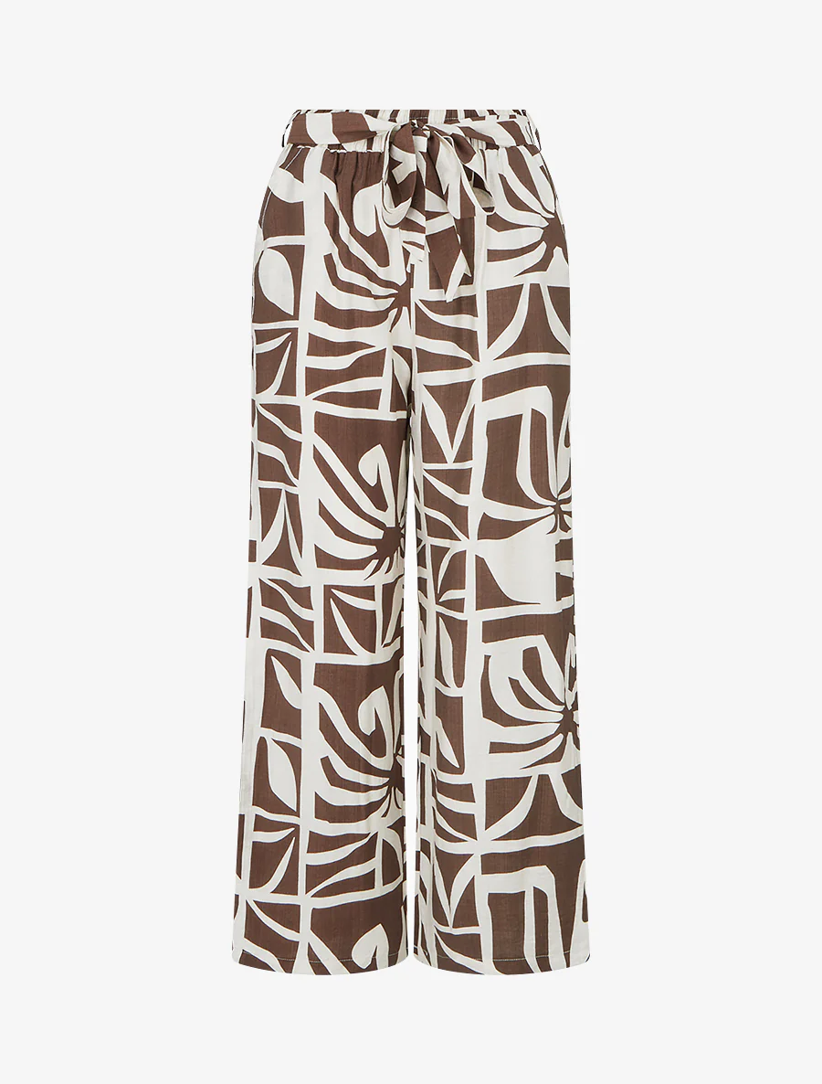 Recht gesneden broek met elastische taille en grafische print - Bruin