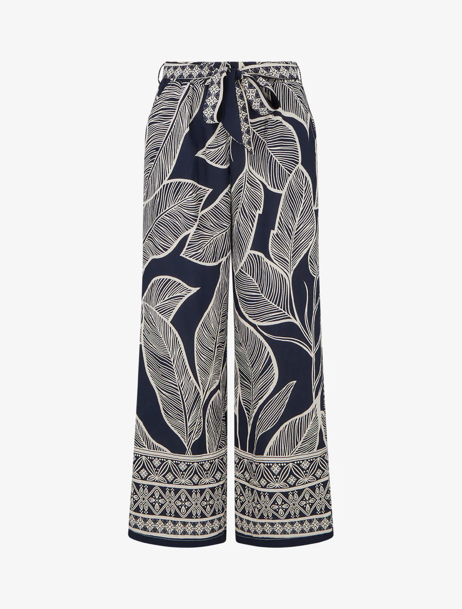 Recht gesneden broek met elastische tailleband en gestileerd bladerenprint. - Marine