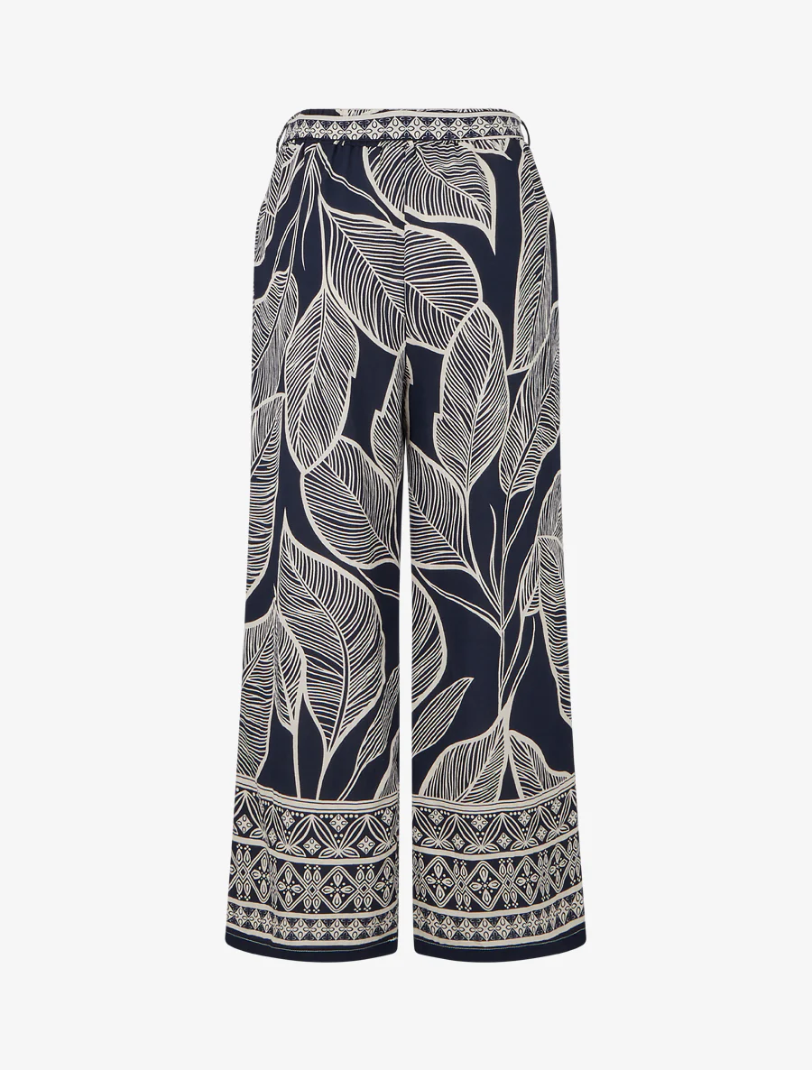 Recht gesneden broek met elastische tailleband en gestileerd bladerenprint. - Marine - Image 2