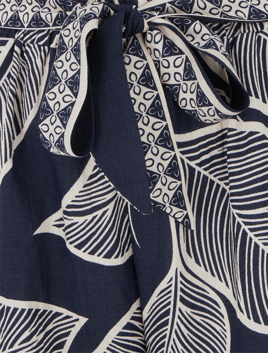 Recht gesneden broek met elastische tailleband en gestileerd bladerenprint. - Marine - Image 3
