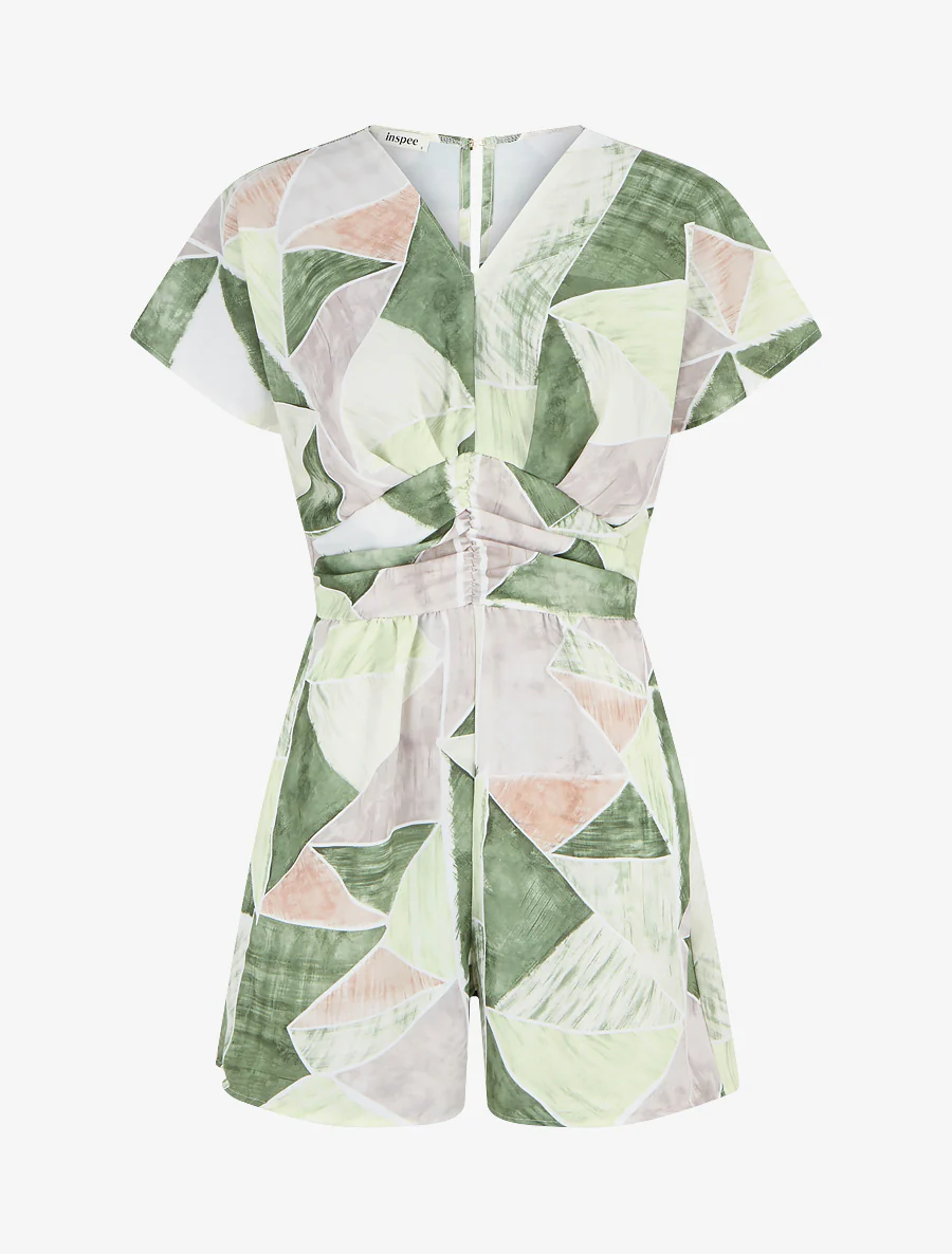 Recht jumpsuit met korte mouwen en fantasieprint - Kaki