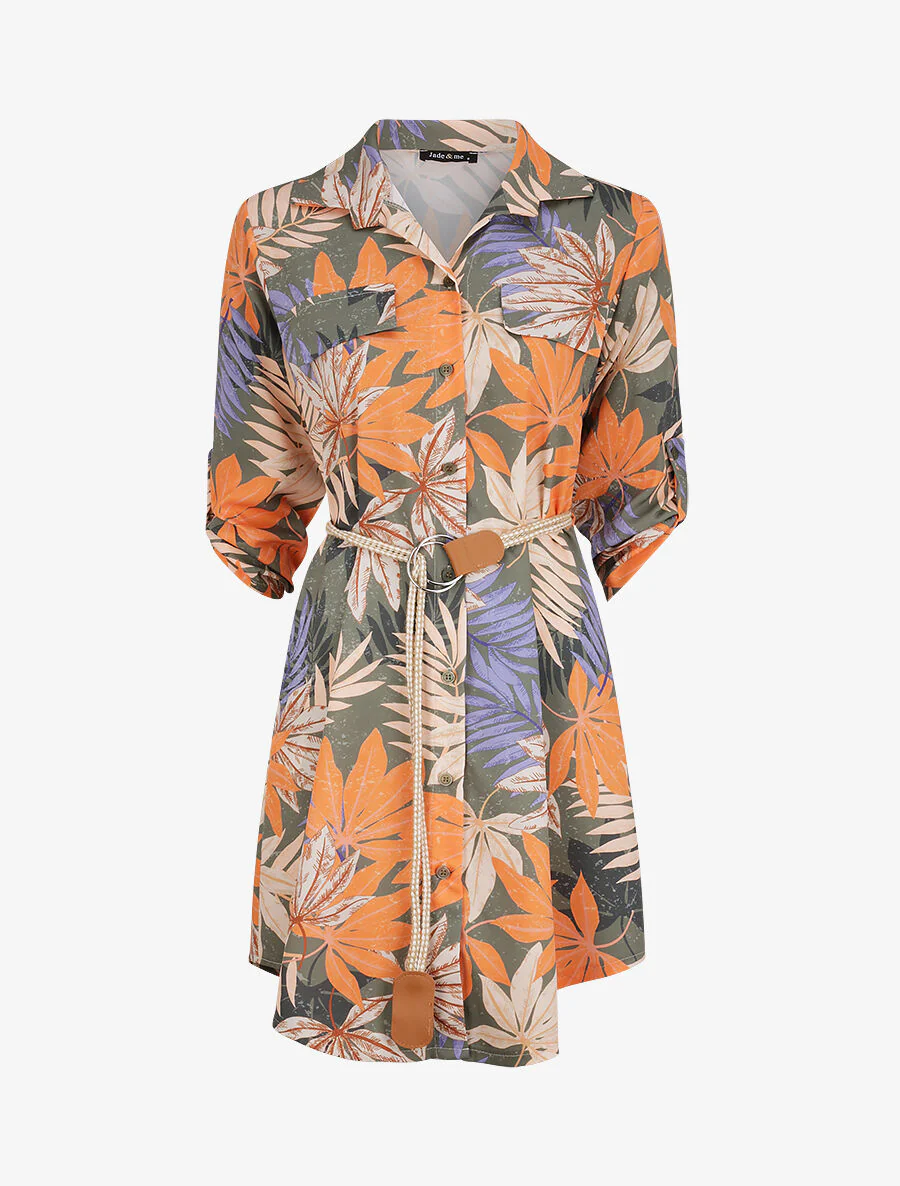 Recht shirtjurk met tropisch print - Olijfgroen