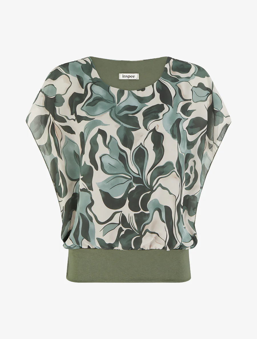 Rechtboven top met korte mouwen en bloemenprint - Kaki