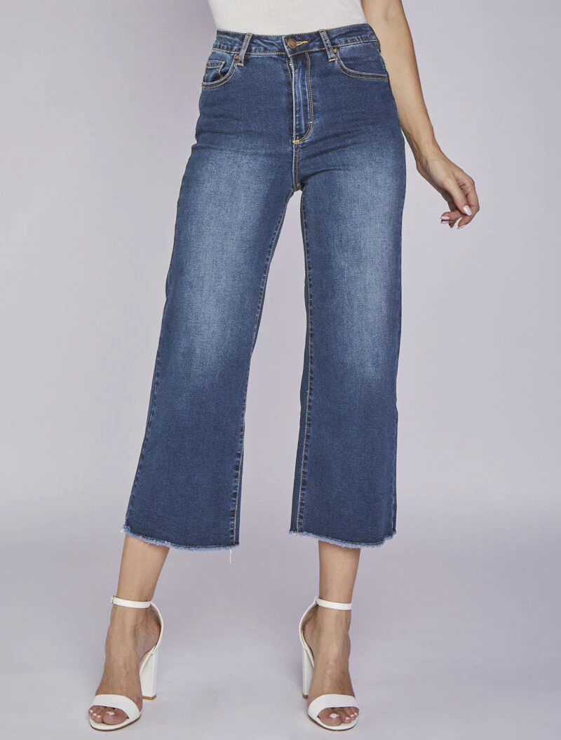 Rechte 7/8 jeans met rafelige randen - Blauw denim