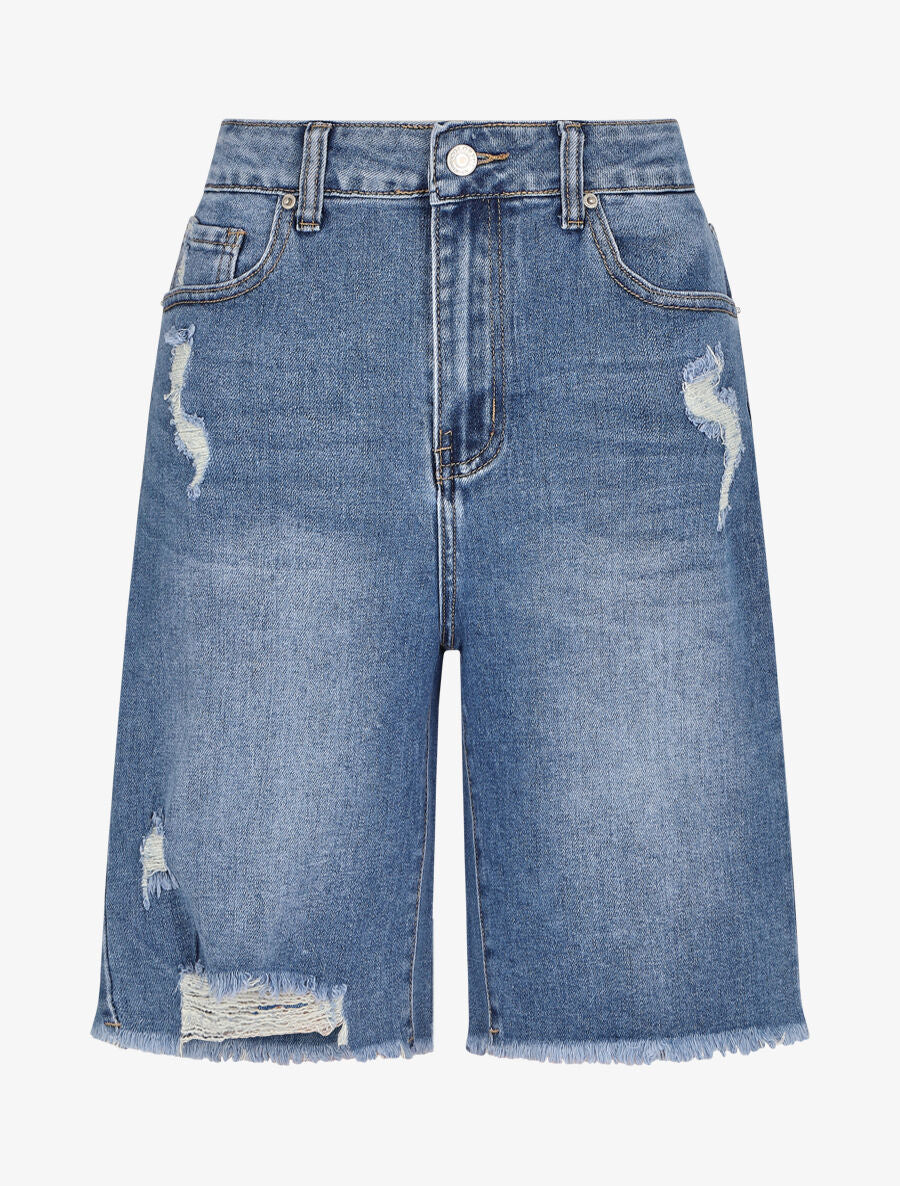 Bermuda recht aan boord gerafeld - Blauw denim