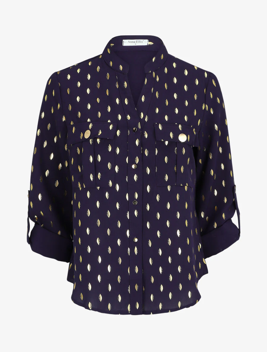 Rechte blouse met gouden flocking - Marineblauw