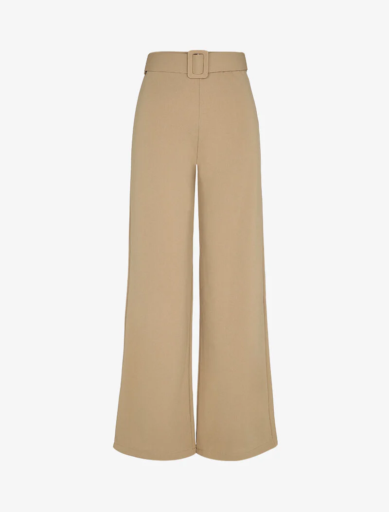 Extra lange rechte broek met vierkante gesp riem - Beige