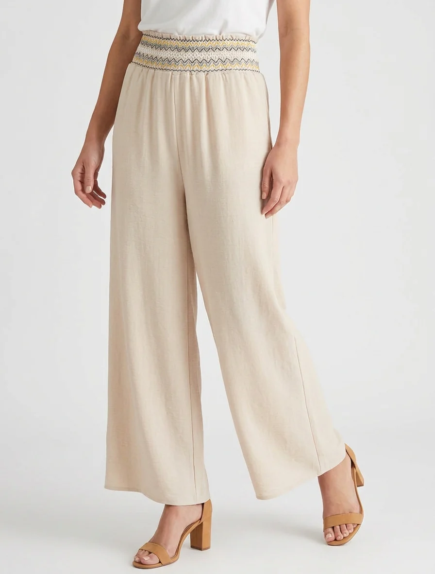 Rechte broek met elastische hoge taille - Beige - Image 4