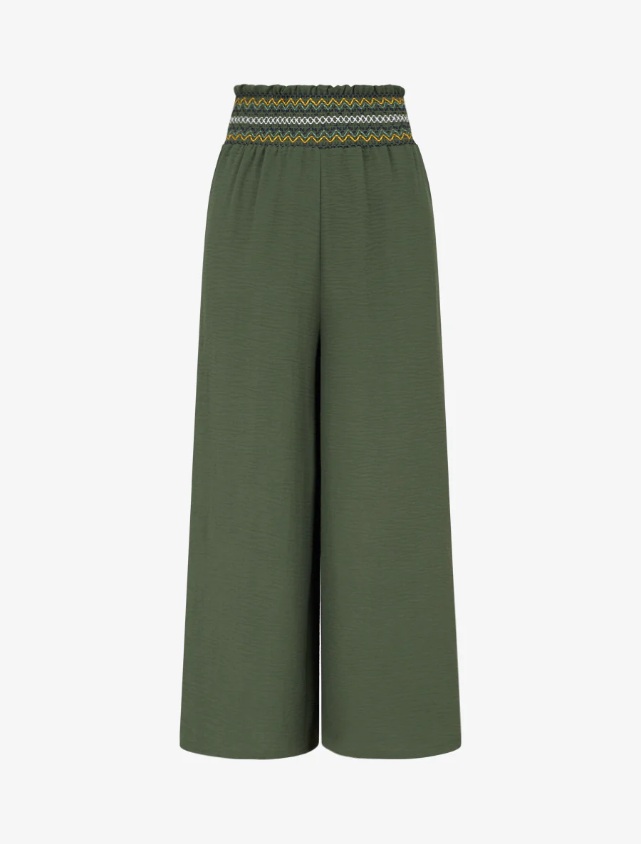 Rechte broek met elastische hoge taille - Kaki