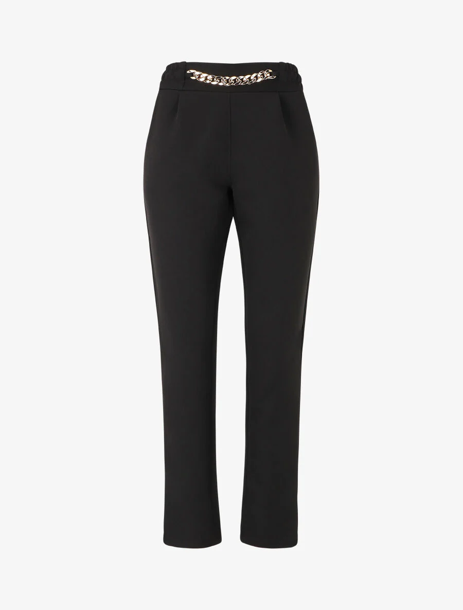 Rechte broek met elastische taille en metalen detail - Zwart
