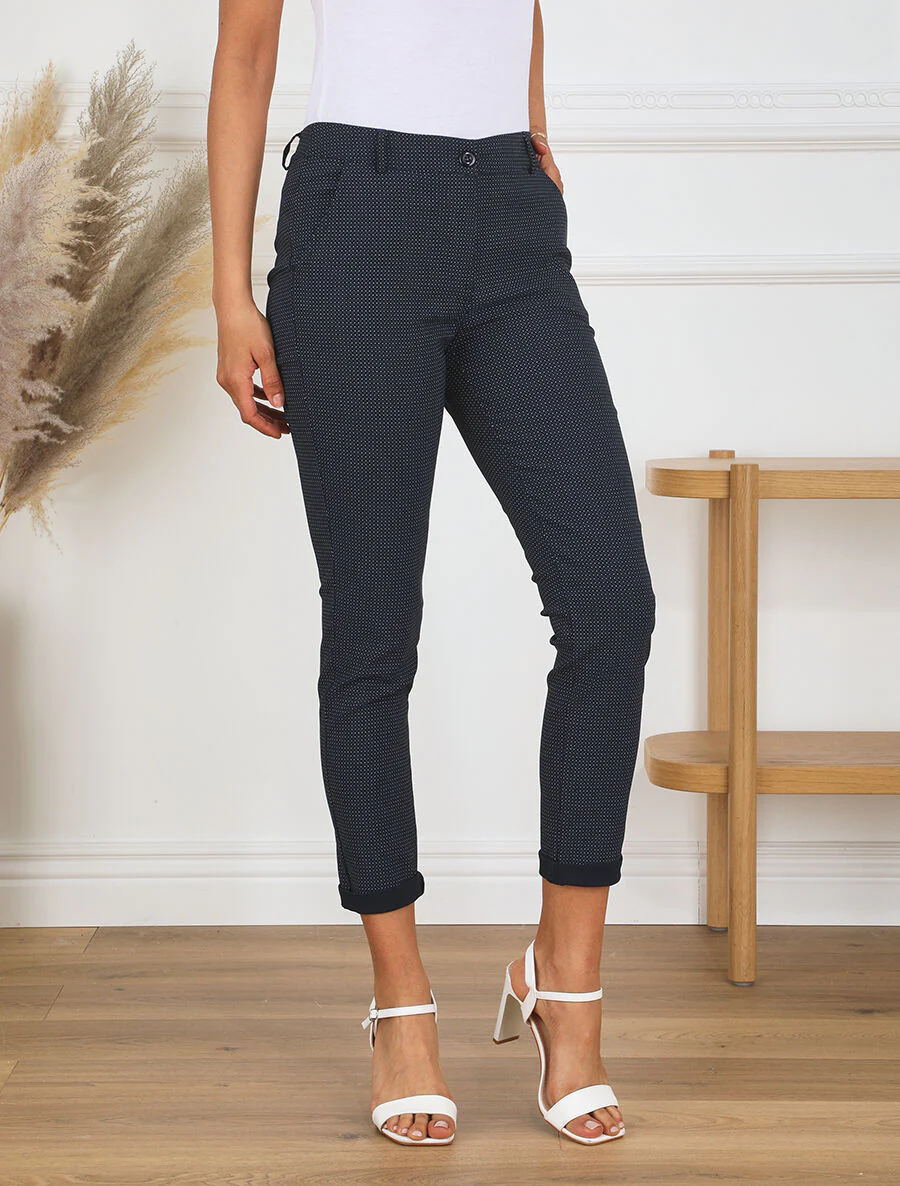 Rechte broek met hoge taille en kleine stippenprint - Donkerblauw - Image 4