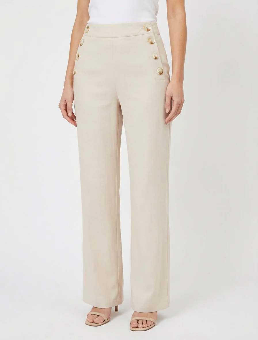 Rechte broek met knoopsluiting aan de zijkanten - Beige - Image 4
