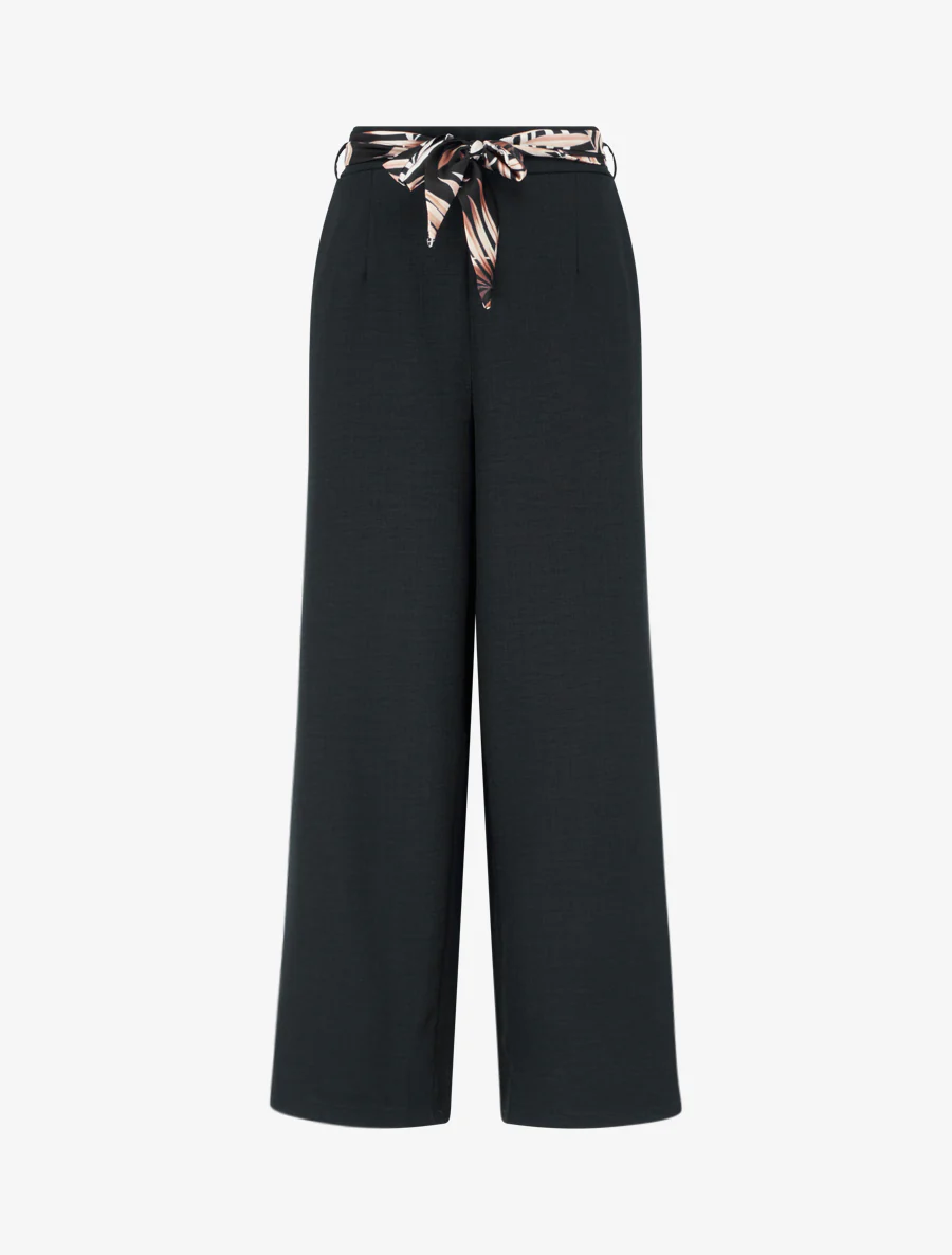Rechte broek met linnen effect en ceintuur - Zwart