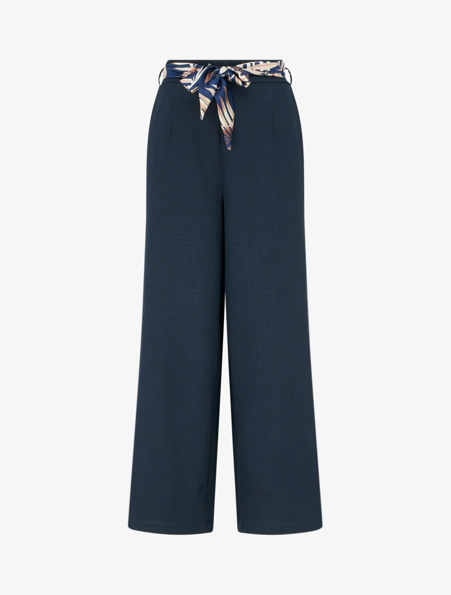 Rechte broek met linnen effect en ceintuur - Marine