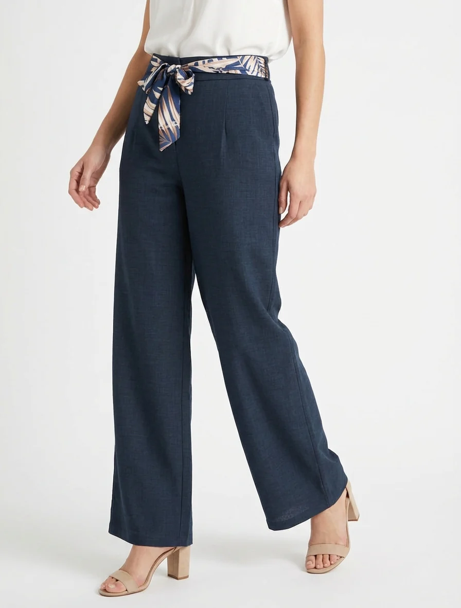 Rechte broek met linnen effect en ceintuur - Marine - Image 4