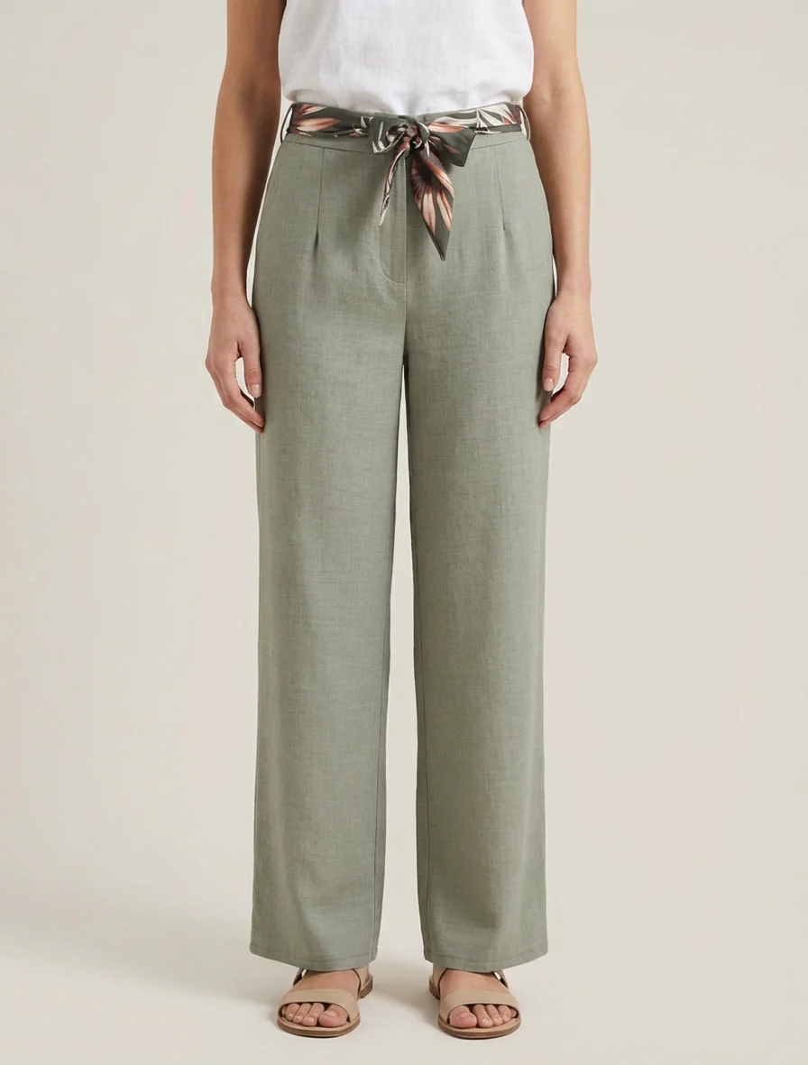Rechte broek met linnen effect en ceintuur - Kaki - Image 4