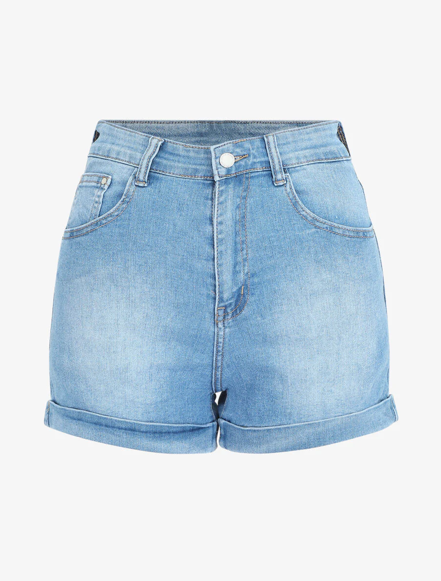 Rechte denim shorts met boorden - blauw