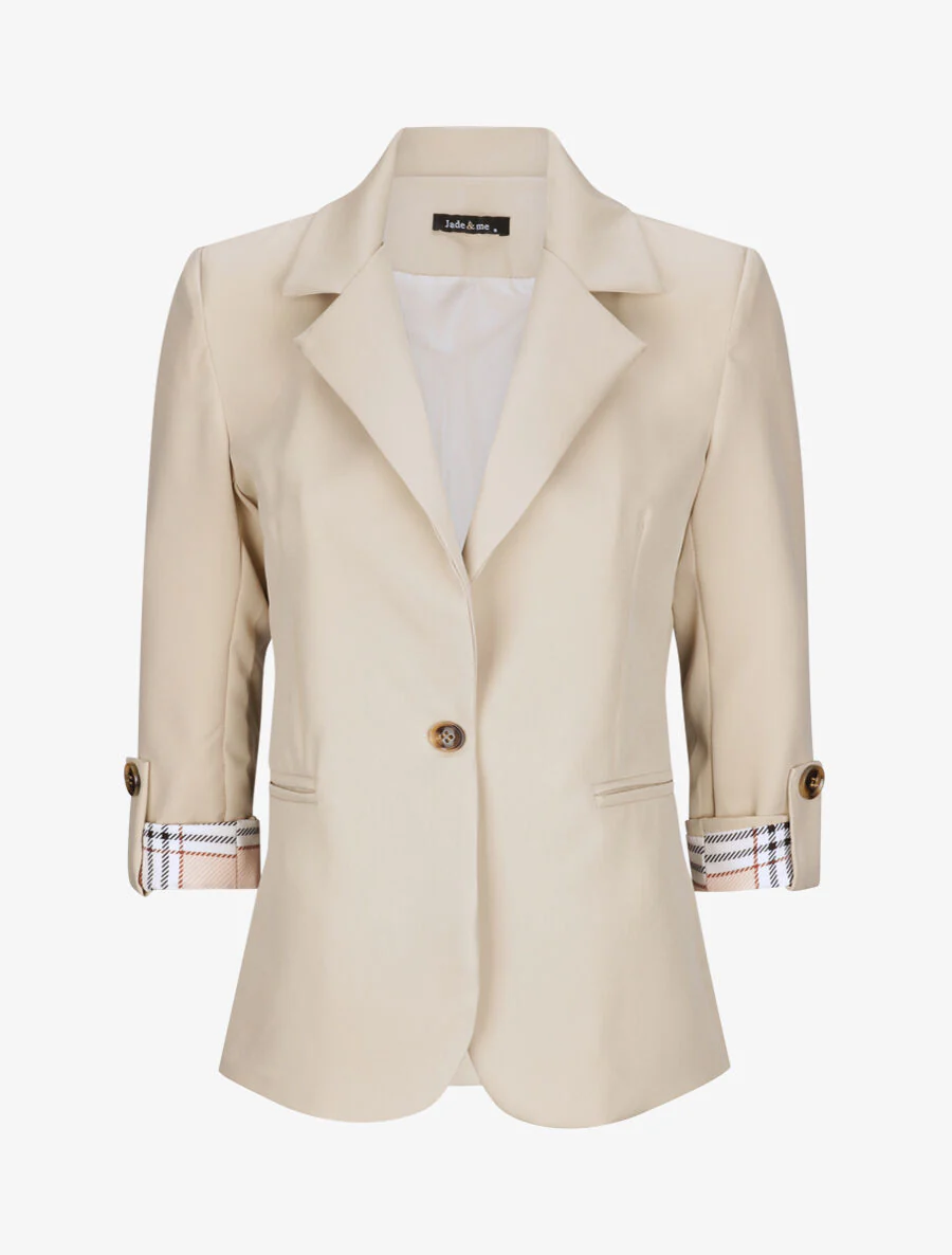 Rechte effen blazer met 3/4 mouwen en vierkante revers - Beige
