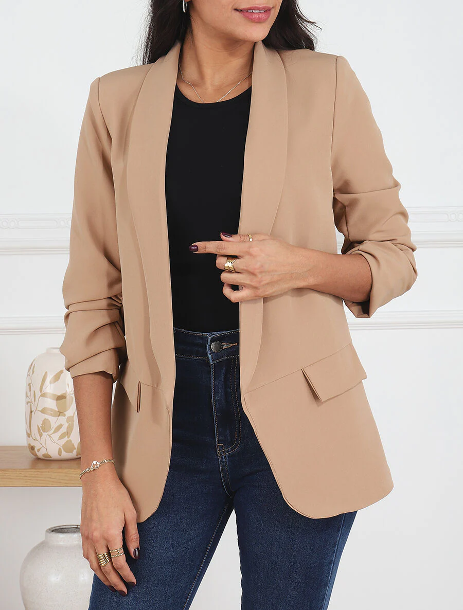 Rechte effen blazer met 3/4 mouwen geplooid - beige - Image 4