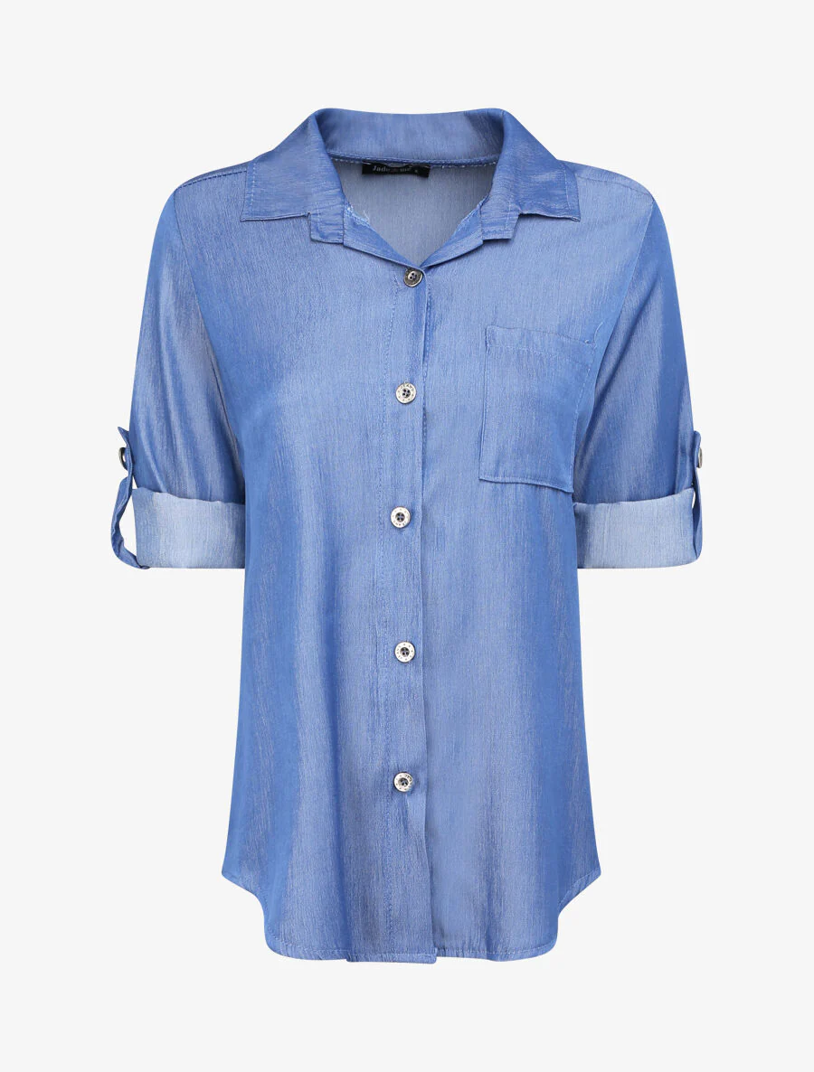 Recht effen overhemd in jeansstijl - Blauw denim