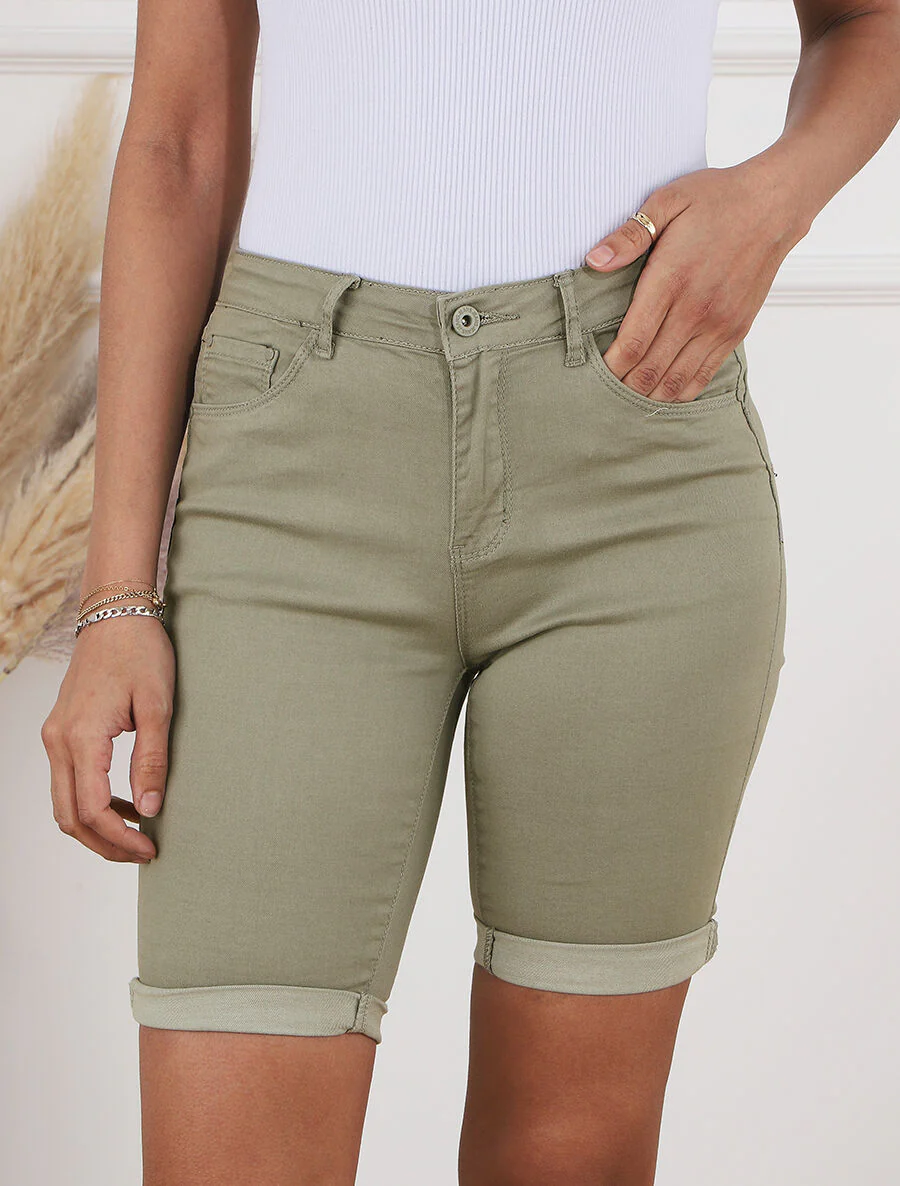 Rechte effen push up bermuda shorts - Kakigroen - Image 4