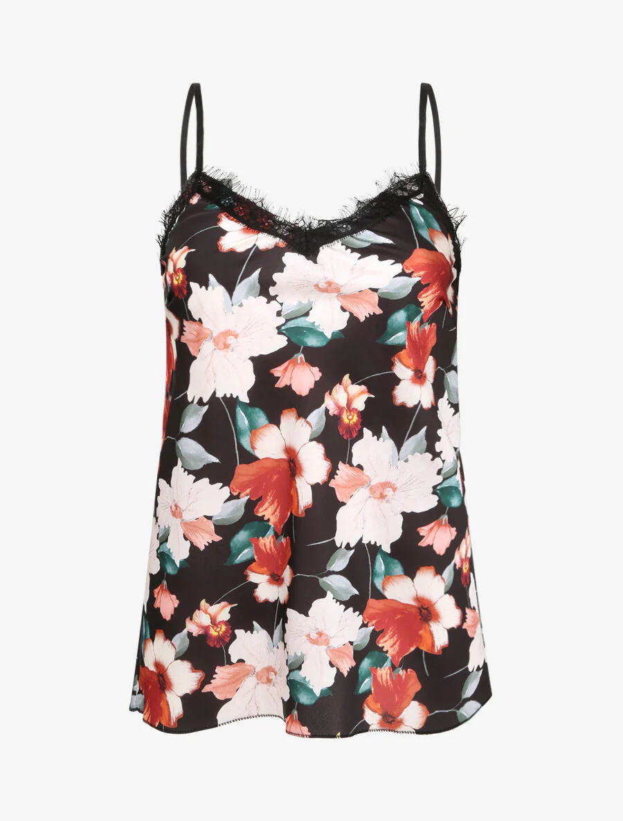 Rechte gedrukte hibiscus en kant jurk - Zwart