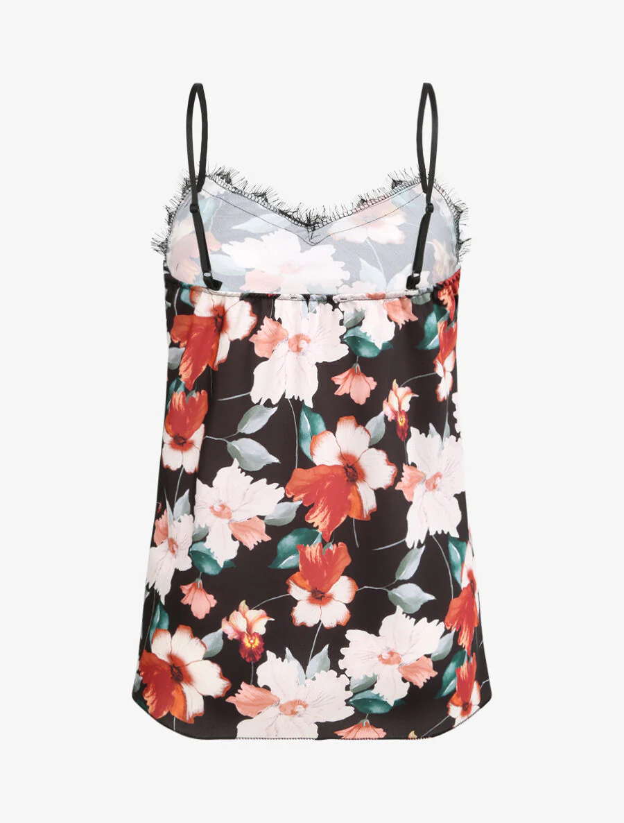 Rechte gedrukte hibiscus en kant jurk - Zwart - Image 2