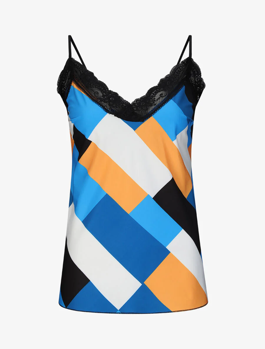 Rechte top met geometrische print en kanten kraag - Blauw