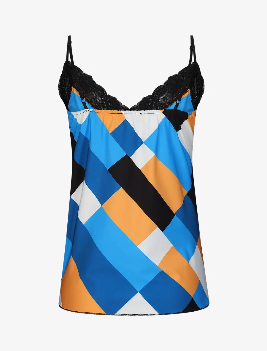 Rechte top met geometrische print en kanten kraag - Blauw - Image 2