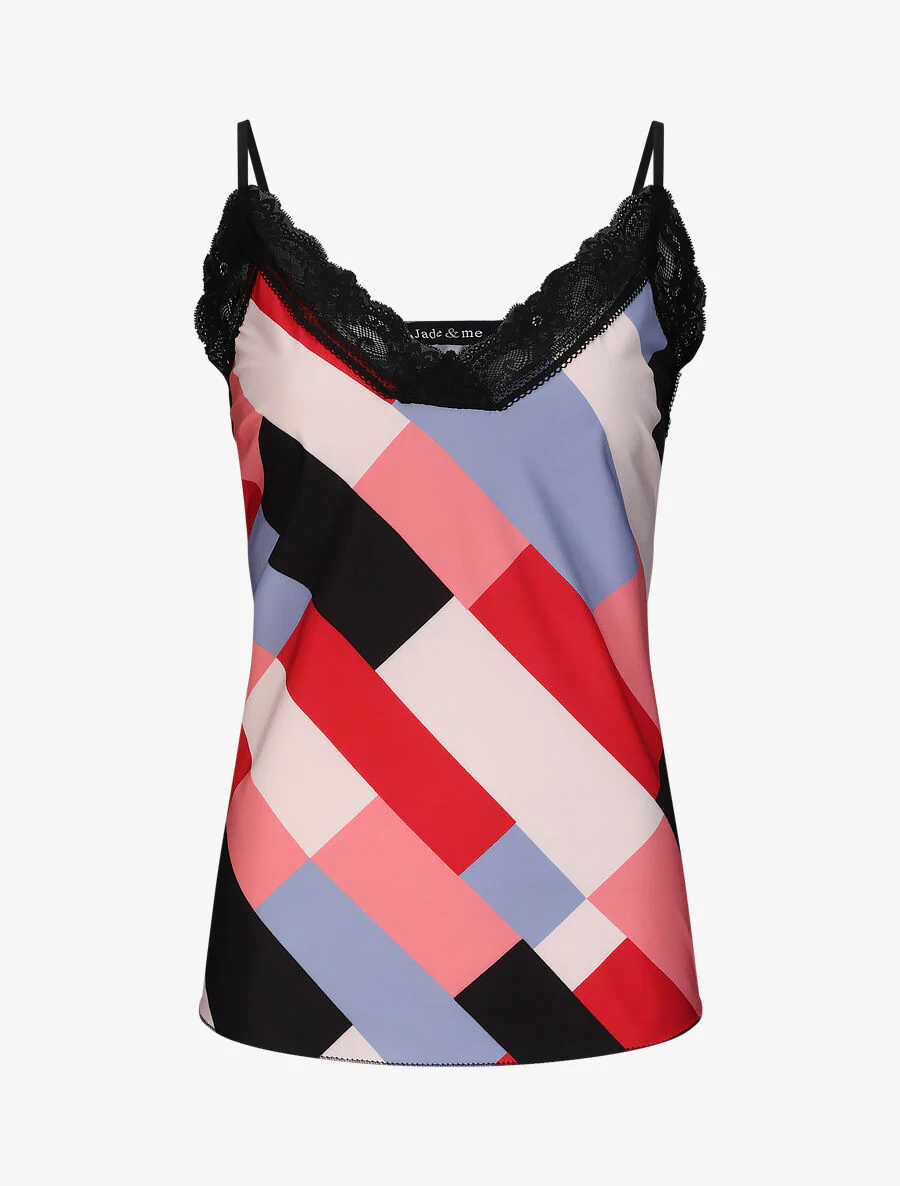 Rechte top met geometrische print en kanten kraag - Rood