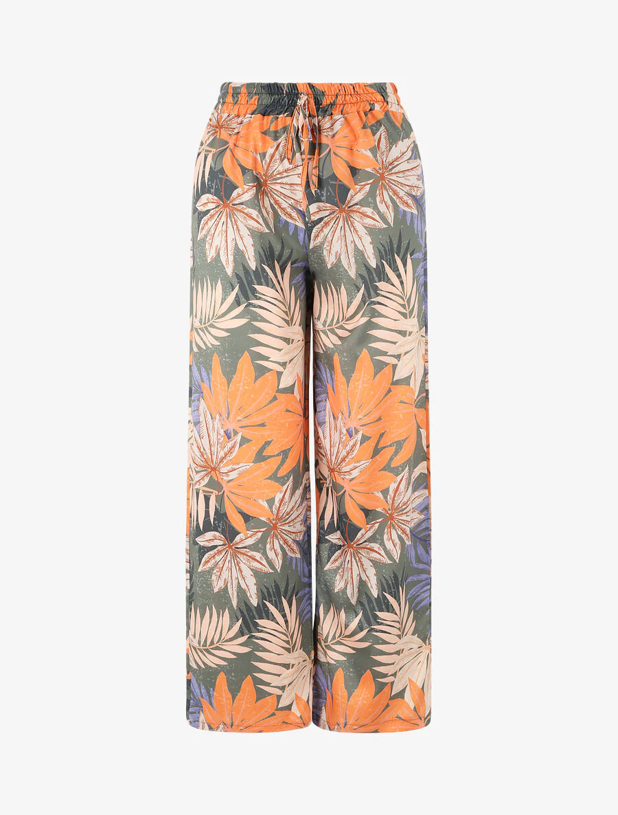 Rechte hoge taille tropische afgedrukte broek - Olijfgroen