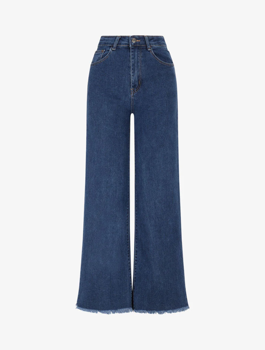 Rechte jeans met hoge taille en gerafelde randen - denim