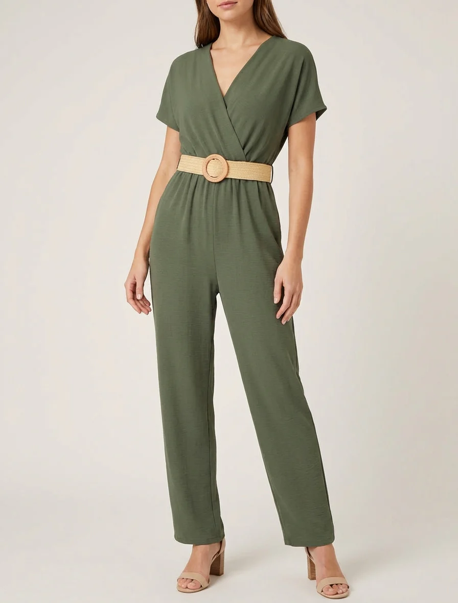 Rechte jumpsuit met korte mouwen - Kaki - Image 4