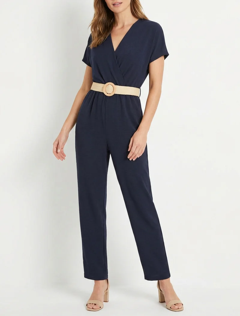 Rechte jumpsuit met korte mouwen - Marine - Image 4