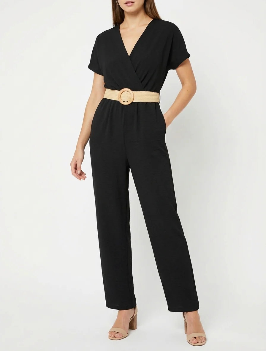 Rechte jumpsuit met korte mouwen - Zwart - Image 4