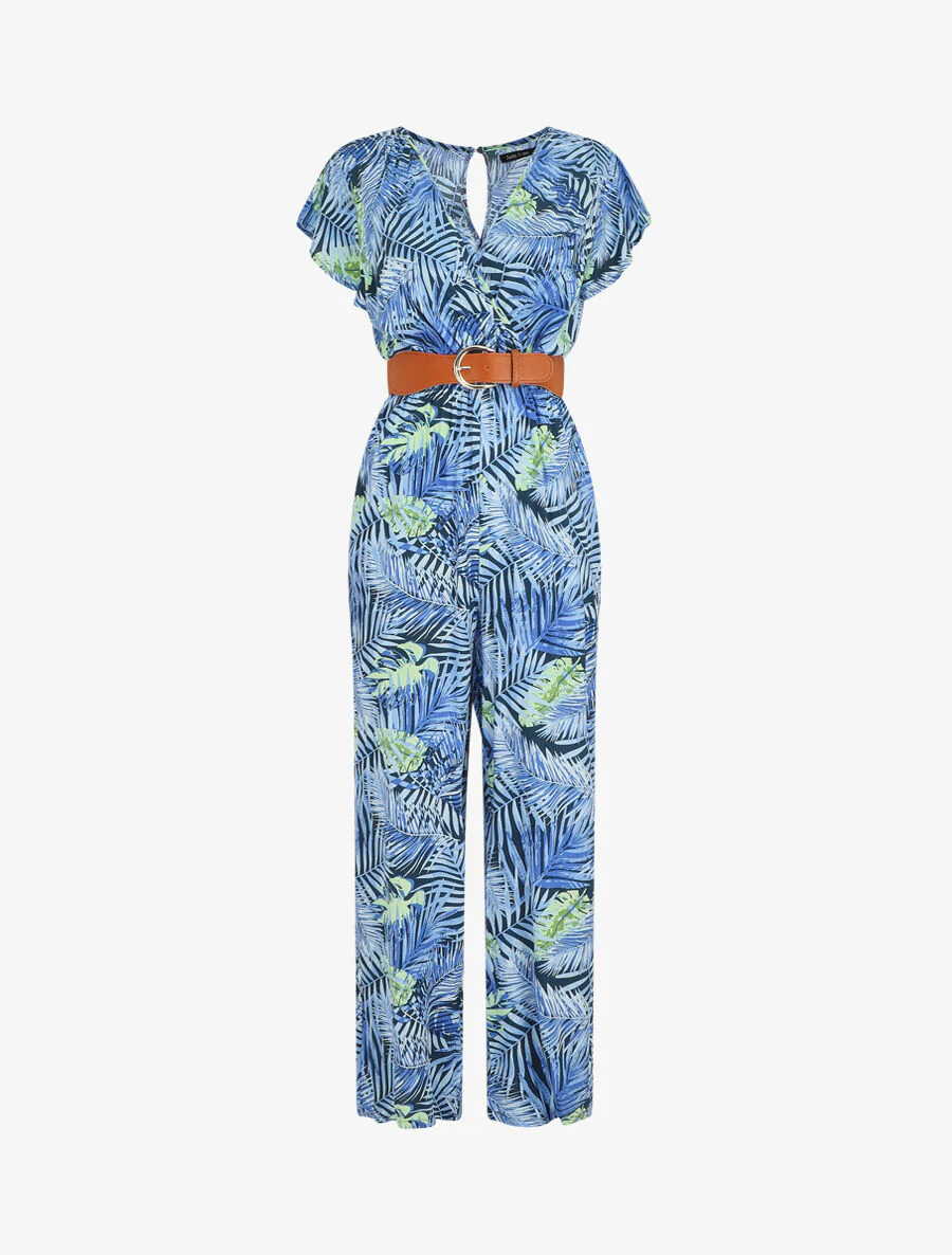 Rechte jumpsuit met tropische print en korte mouwen - blauw