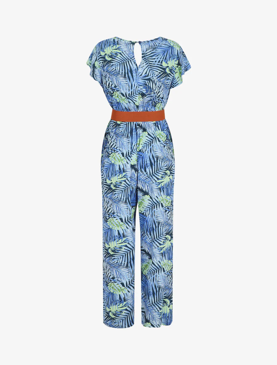 Rechte jumpsuit met tropische print en korte mouwen - blauw - Image 2