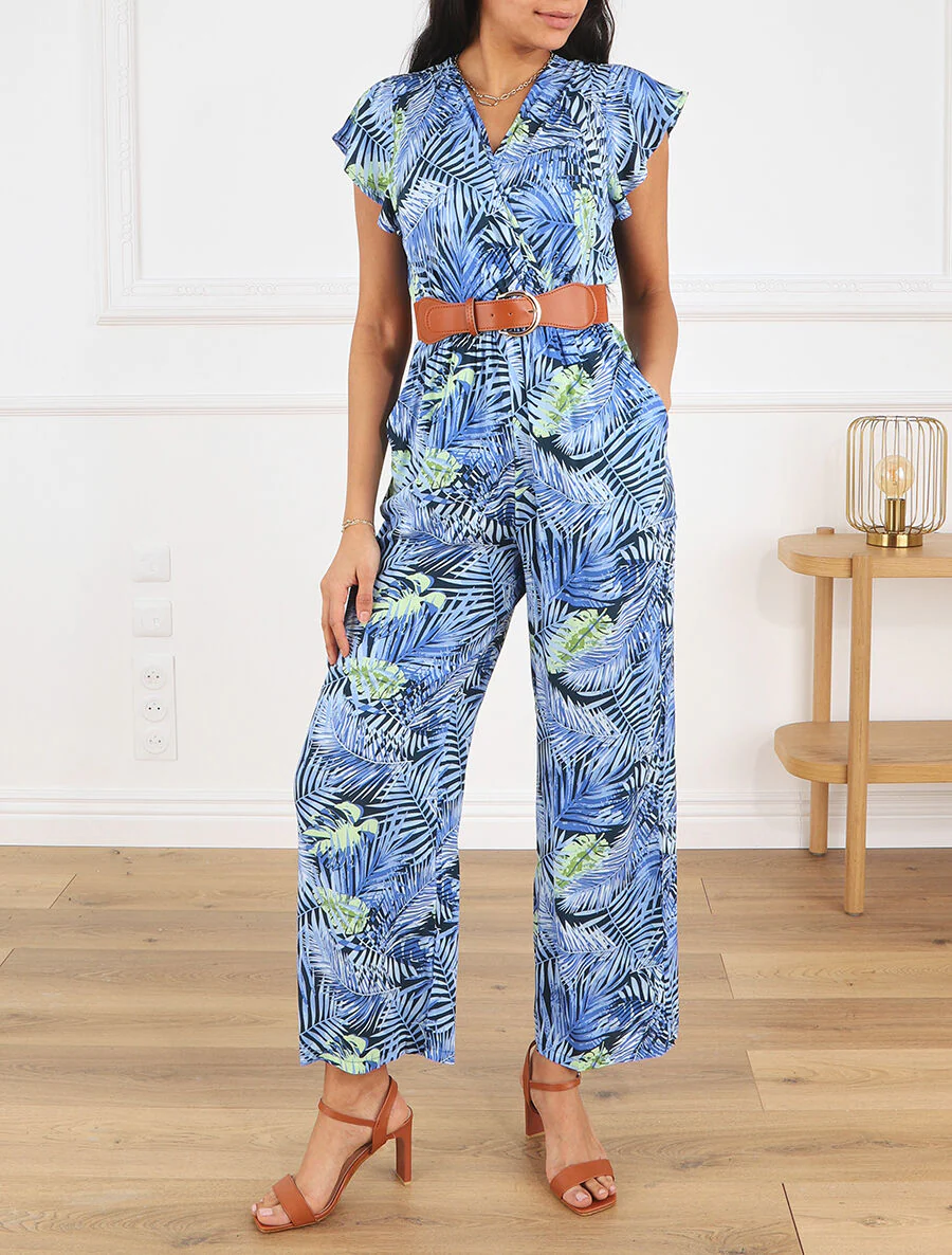 Rechte jumpsuit met tropische print en korte mouwen - blauw - Image 4