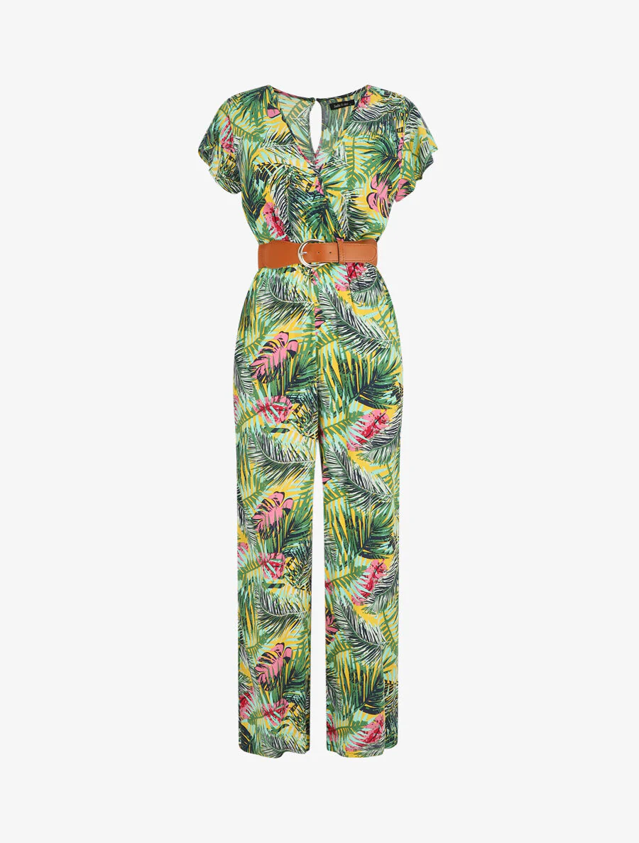 Rechte jumpsuit met tropische print en korte mouwen - Geel