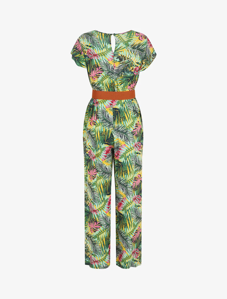 Rechte jumpsuit met tropische print en korte mouwen - Geel - Image 2