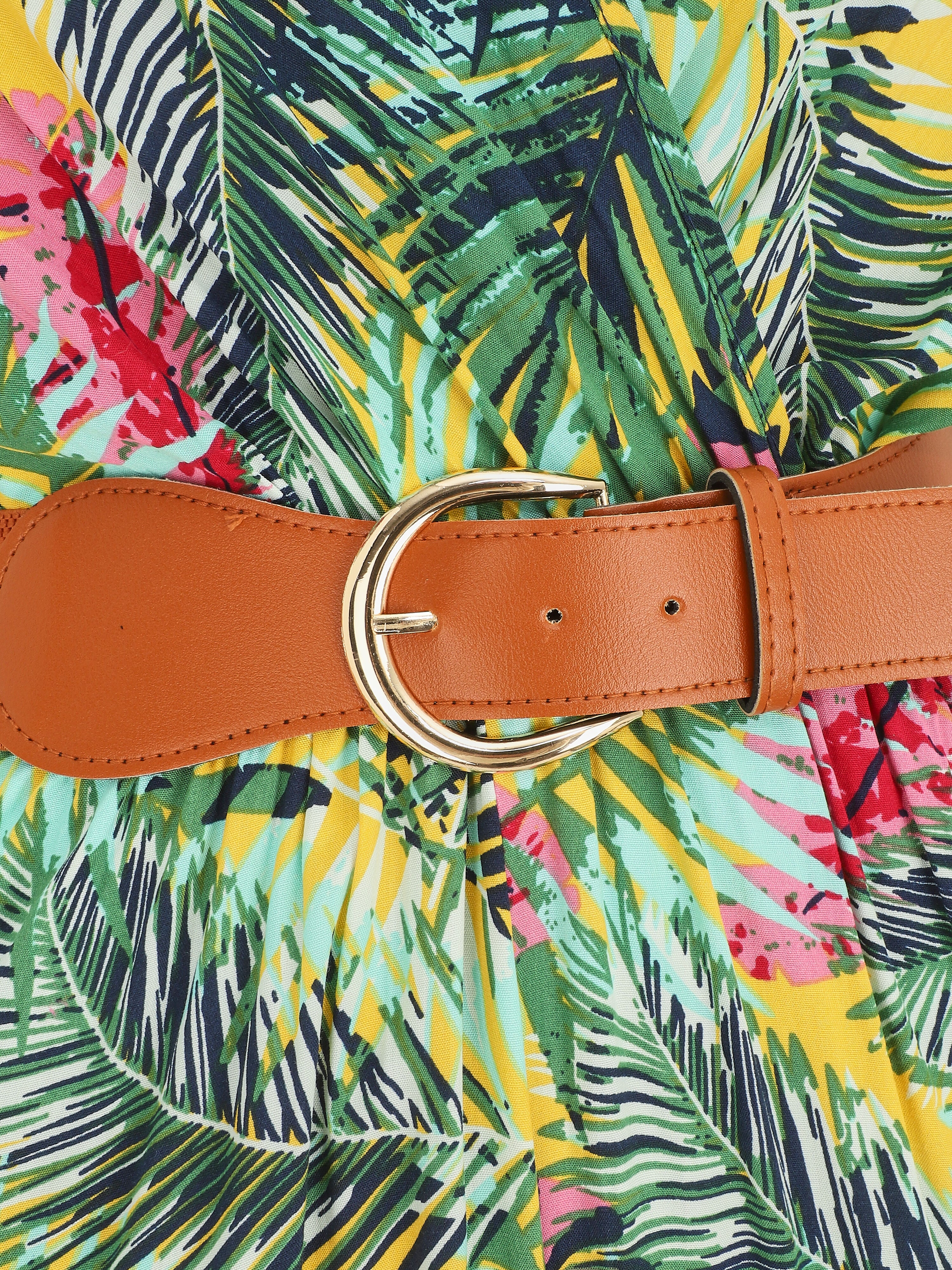 Rechte jumpsuit met tropische print en korte mouwen - Geel - Image 3