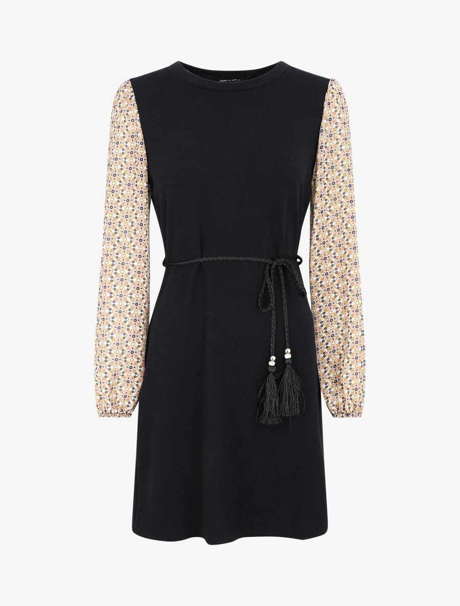 Rechte jurk met bloemenprint mouwen - Beige