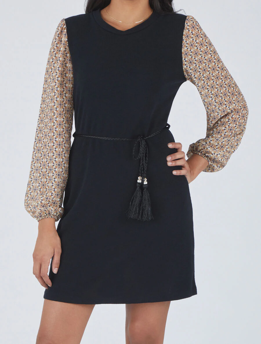 Rechte jurk met bloemenprint mouwen - Beige - Image 4