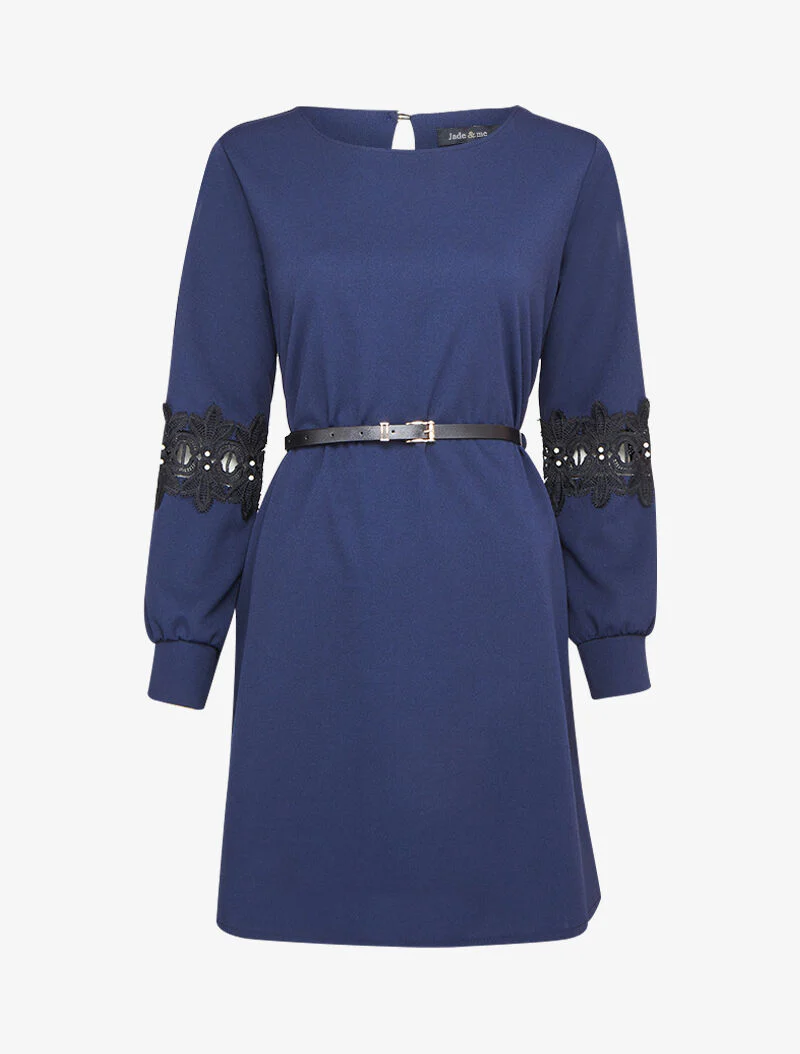 Rechte jurk met geborduurde en parelmoeren details op de mouwen - Marineblauw