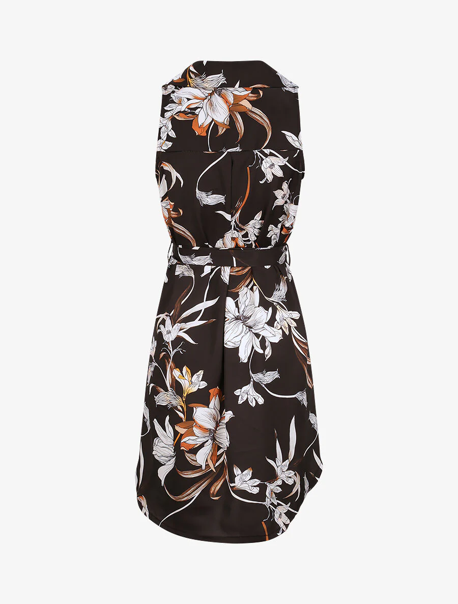 Mouwloze rechte overhemdjurk met bloemenprint - Zwart - Image 3