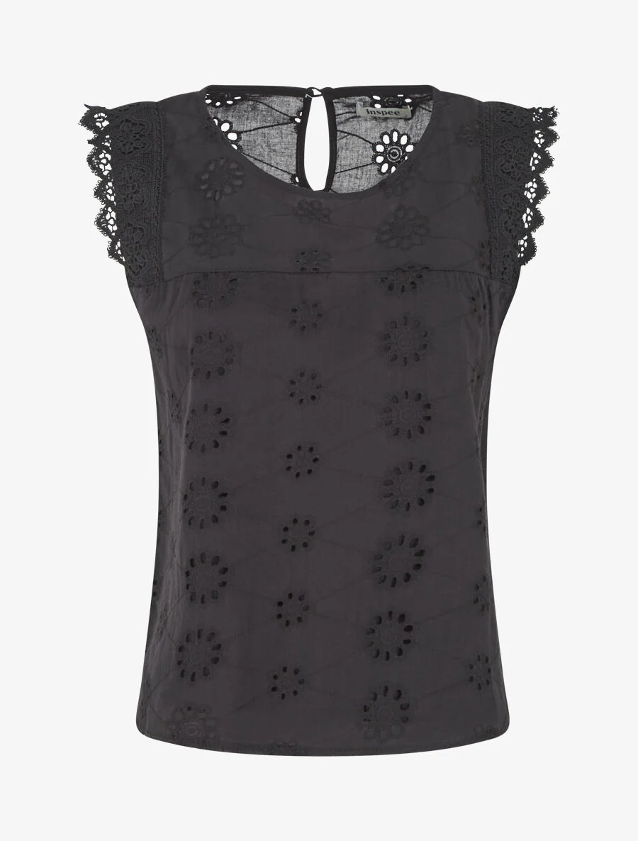 Rechte mouwloze top in broderie anglaise - Zwart